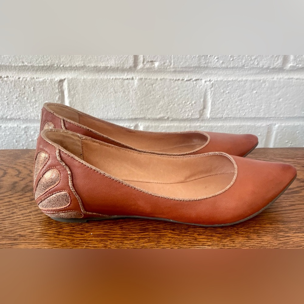 Miz Mooz Women's Leather Pointed Flats in Burnt Orange with Metallic Accents